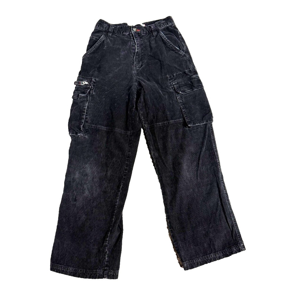 vtg boys plugg corduroy black cargo plants size 14 grunge skater wide leg